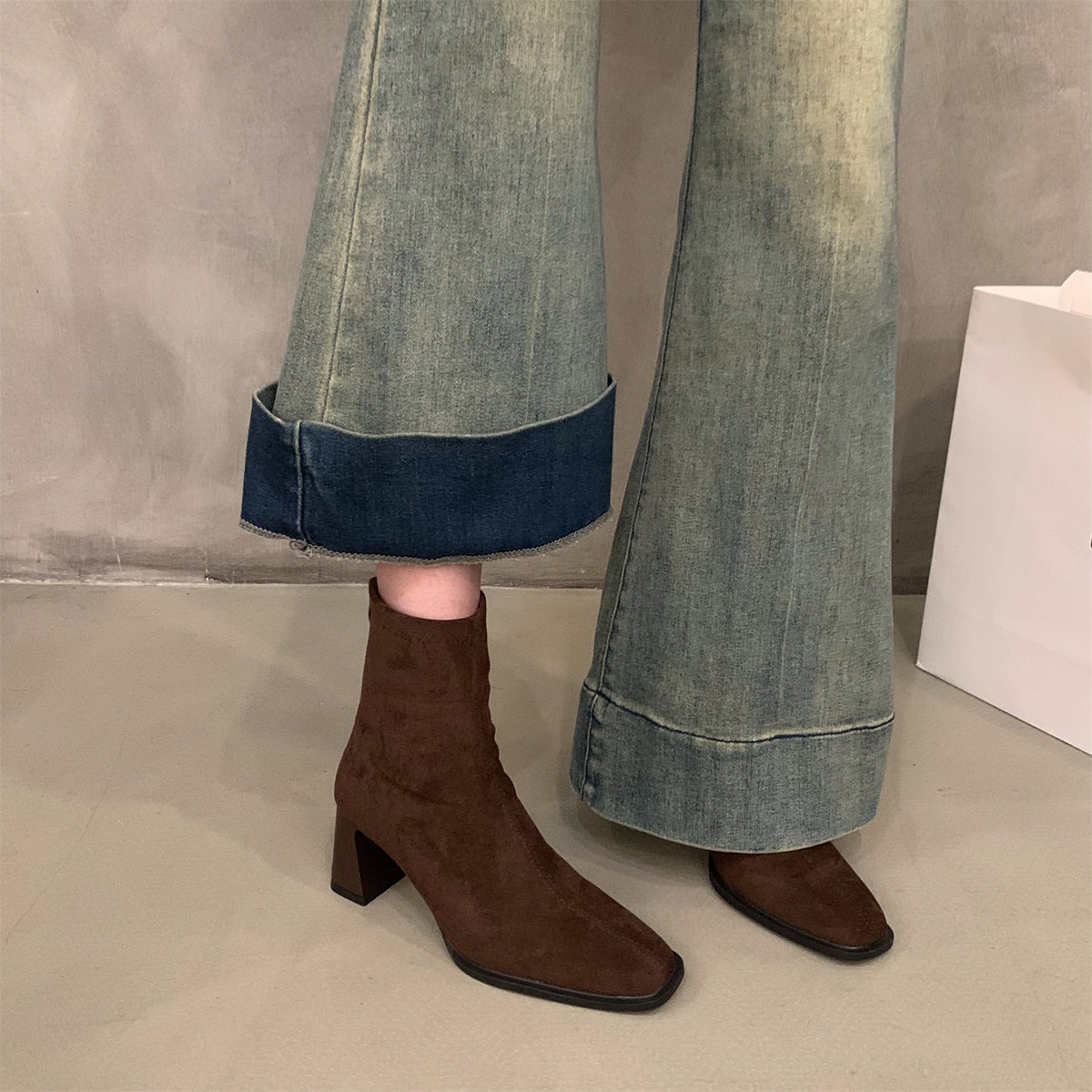 Square-Toe Suede Ankle Boots