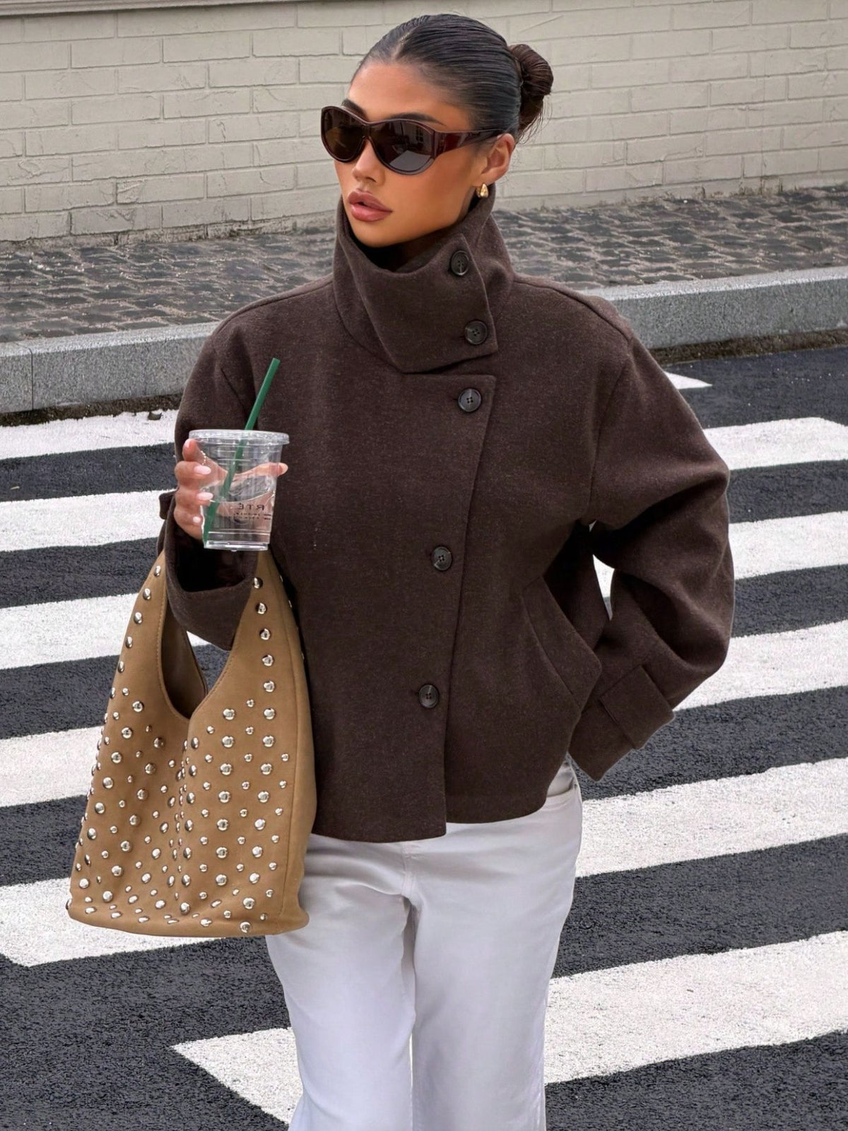 Stand Collar Leather-Effect Jacket