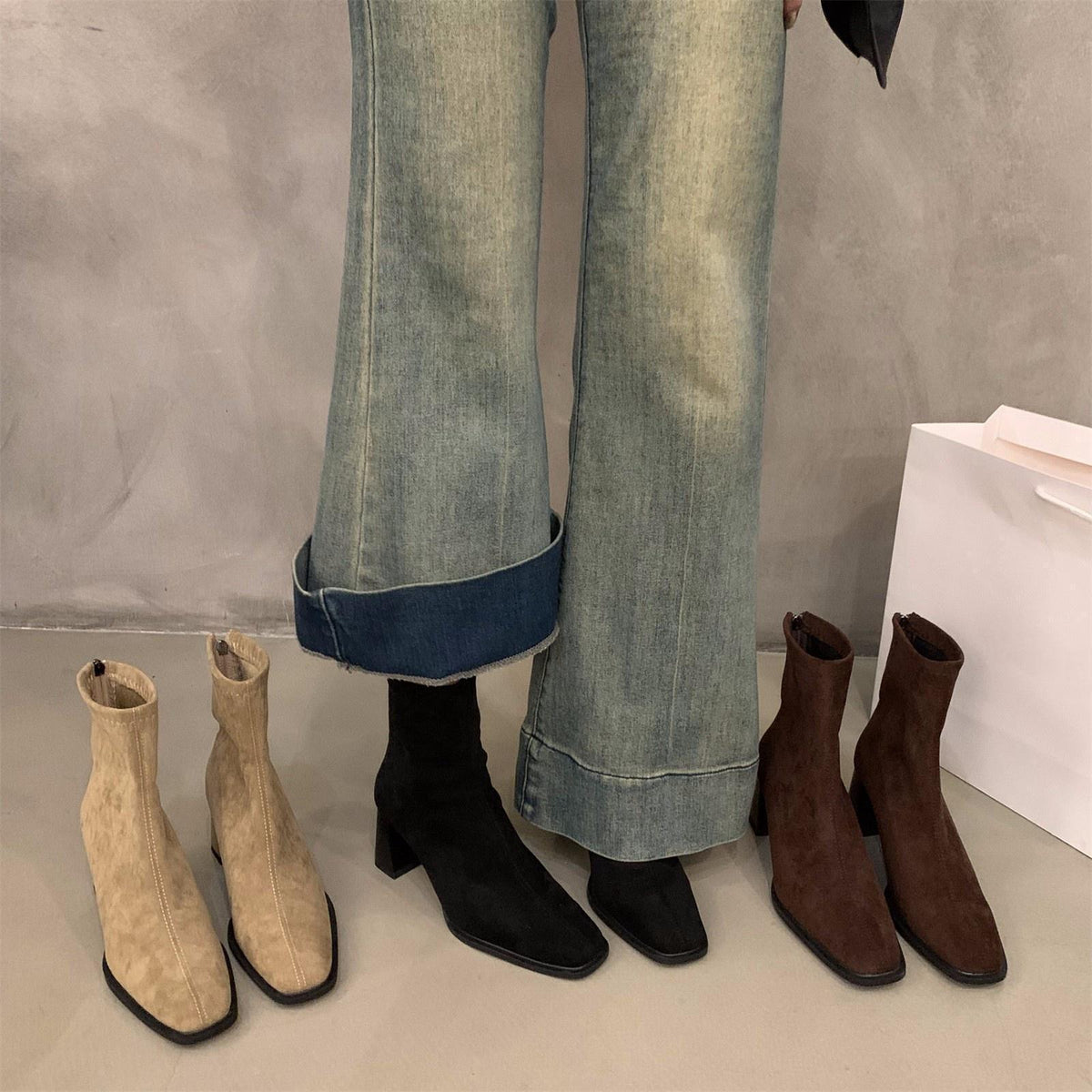 Square-Toe Suede Ankle Boots