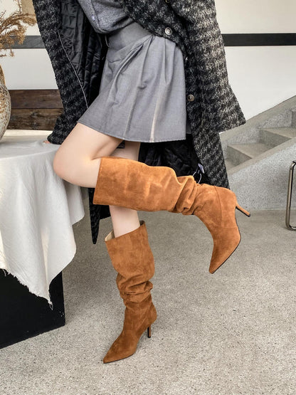 Pointed-Toe Suede Knee-High Boots