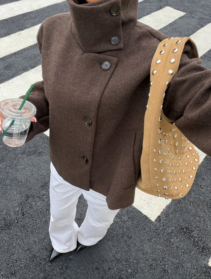 Stand Collar Leather-Effect Jacket