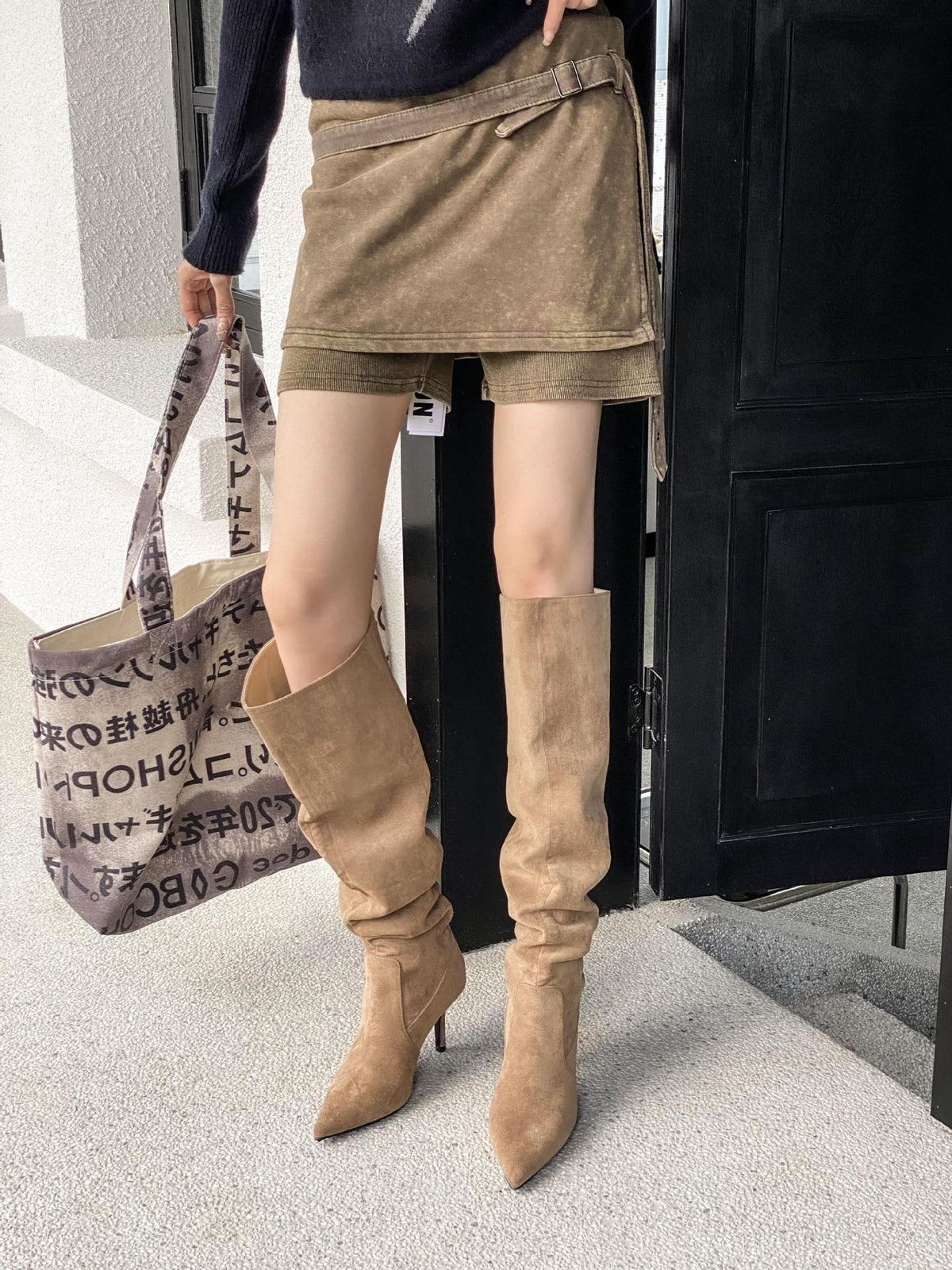 Pointed-Toe Suede Knee-High Boots