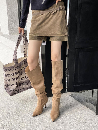 Pointed-Toe Suede Knee-High Boots