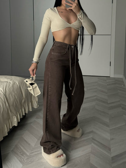 Brown High-Waisted Wide-Leg Jeans