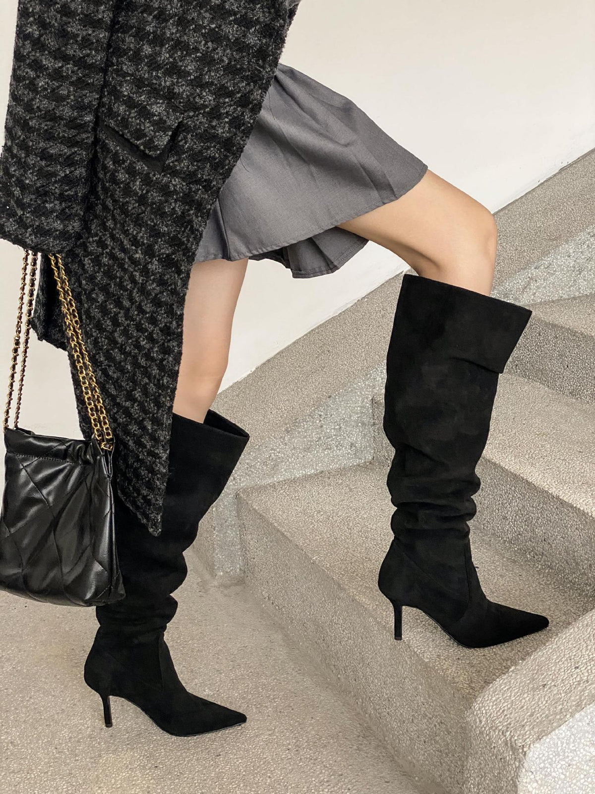 Pointed-Toe Suede Knee-High Boots