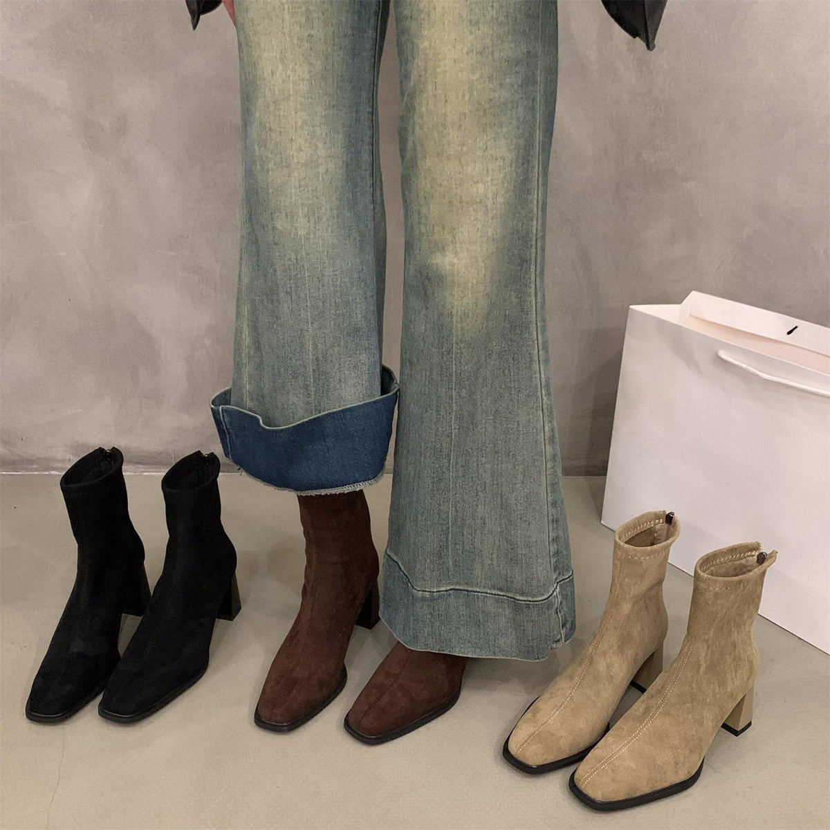 Square-Toe Suede Ankle Boots