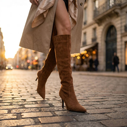 Pointed-Toe Suede Knee-High Boots