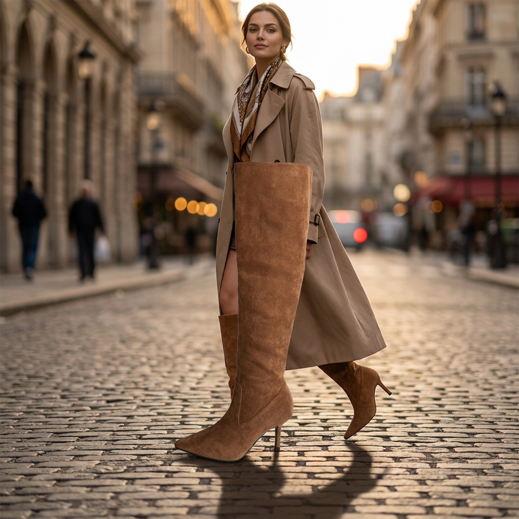 Pointed-Toe Suede Knee-High Boots